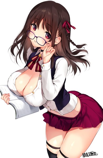 Anime picture 600x916 with original matarou (genkai toppa) single long hair tall image looking at viewer blush fringe breasts light erotic simple background red eyes brown hair large breasts standing white background holding signed braid (braids) parted lips