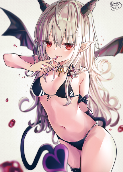 Anime picture 1500x2098 with original akino ell single long hair tall image looking at viewer blush fringe breasts light erotic simple background blonde hair hair between eyes red eyes standing signed tail nail polish horn (horns) pointy ears