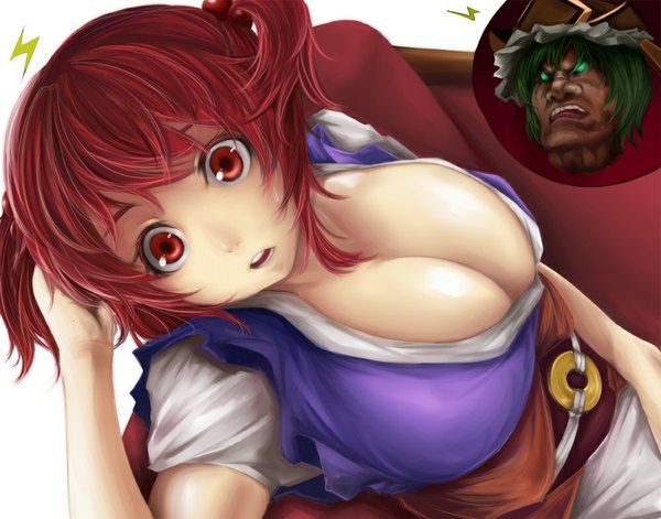 Anime picture 1000x785 with touhou onozuka komachi kirieppa (artist) looking at viewer short hair breasts open mouth light erotic red eyes large breasts red hair two side up girl