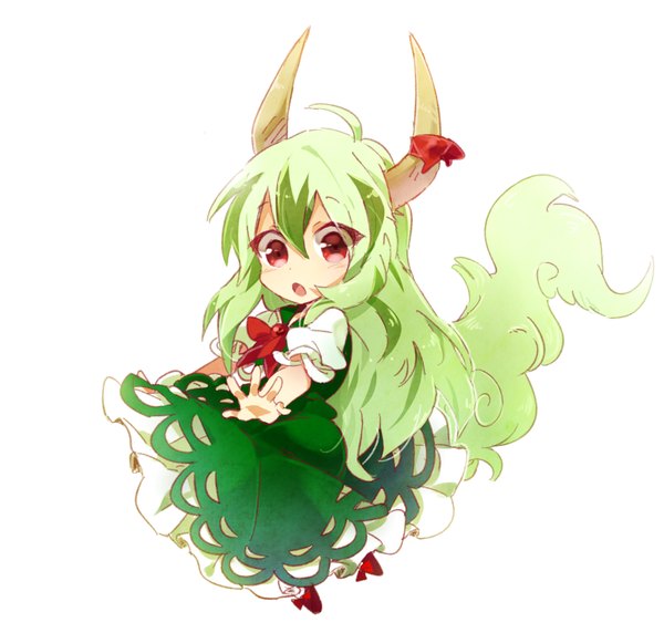 Anime picture 1100x1050 with touhou kamishirasawa keine ex-keine six (fnrptal1010) single long hair looking at viewer blush open mouth simple background red eyes white background ahoge tail animal tail multicolored hair horn (horns) green hair streaked hair chibi