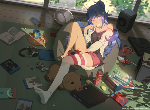 Anime picture 1636x1200 with sony pringles ai-chan (playstation) vofan single long hair blush fringe blue eyes sitting signed payot blue hair looking away full body ponytail indoors from above off shoulder open jacket