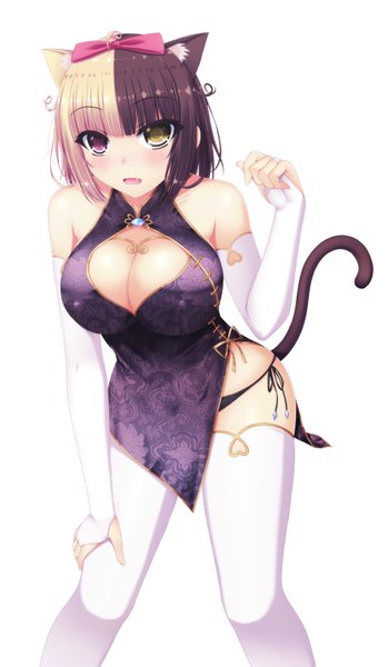 Anime picture 1920x3300 with original a1q2sw single long hair tall image looking at viewer blush highres breasts open mouth light erotic black hair simple background blonde hair large breasts white background animal ears cleavage tail animal tail