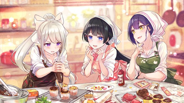 Anime picture 1920x1080 with virtual youtuber nijisanji tsukino mito higuchi kaede shizuka rin brat long hair blush fringe highres short hair open mouth blue eyes black hair wide image purple eyes multiple girls holding yellow eyes looking away