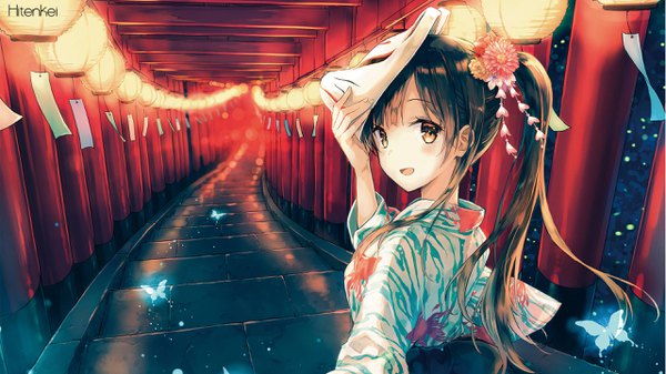 Anime-Bild 2560x1440 mit original sano mana hiten (hitenkei) single long hair looking at viewer blush fringe highres open mouth brown hair wide image brown eyes signed upper body traditional clothes :d japanese clothes looking back hair flower