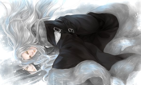 Anime picture 1200x730 with tagme (copyright) dk (pixiv) long hair black hair wide image green eyes silver hair boy petals belt fur
