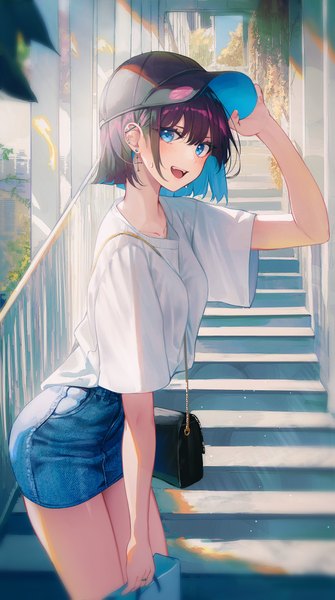 Anime picture 3340x5977 with original kerno single tall image looking at viewer blush fringe highres short hair open mouth blue eyes black hair smile hair between eyes standing absurdres outdoors :d multicolored hair arm up