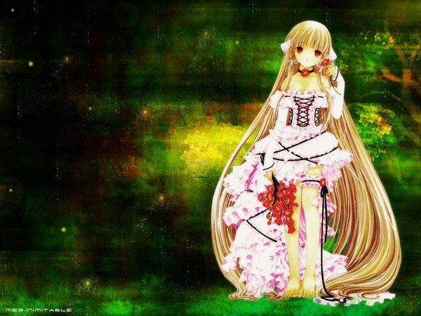 Anime picture 1152x864 with chobits clamp chii single blonde hair red eyes standing bare shoulders full body very long hair barefoot wallpaper lacing third-party edit girl dress flower (flowers) choker white dress bouquet
