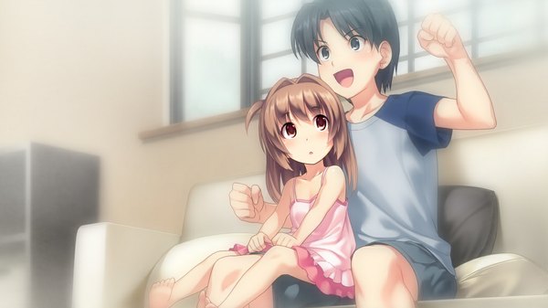 Anime picture 1024x576 with d-eve in you akatsuki shion short hair black hair brown hair wide image brown eyes game cg boy child (children)