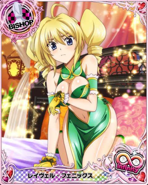 Anime picture 640x800 with highschool dxd ravel phenex single long hair tall image looking at viewer breasts blue eyes light erotic blonde hair twintails traditional clothes drill hair chinese clothes card (medium) girl navel chinese dress