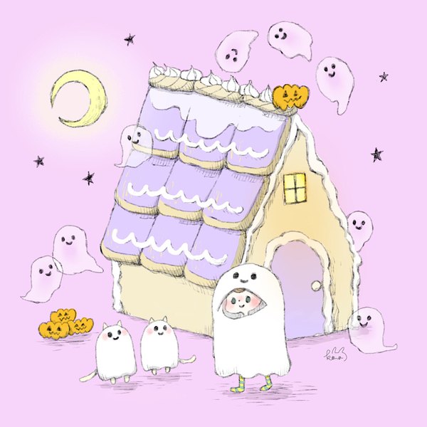 Anime picture 1080x1080 with original kanam single signed pink background halloween ghost crescent ambiguous gender star (symbol) building (buildings) moon jack-o'-lantern house