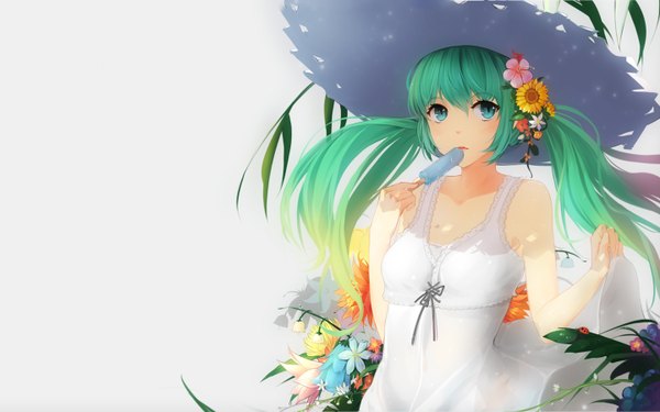Anime picture 1440x900 with vocaloid hatsune miku dre single long hair looking at viewer blush fringe open mouth simple background twintails bare shoulders hair flower aqua eyes sunlight aqua hair grey background sunbeam girl dress