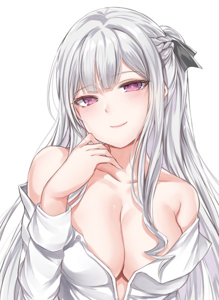 Anime picture 1900x2600 with girls frontline ak-12 (girls frontline) zerocat single long hair tall image looking at viewer blush fringe highres breasts light erotic simple background smile large breasts white background purple eyes bare shoulders payot cleavage