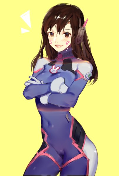Anime picture 875x1300 with overwatch blizzard entertainment d.va (overwatch) tian (my dear) single long hair tall image blush light erotic simple background smile brown hair brown eyes facial mark crossed arms yellow background whisker markings girl gloves white gloves