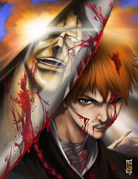 Anime picture 1700x2200 with bleach studio pierrot kurosaki ichigo zaraki kenpachi earache-j long hair tall image short hair open mouth black hair smile japanese clothes one eye closed wink orange hair realistic orange eyes torn clothes light reflection