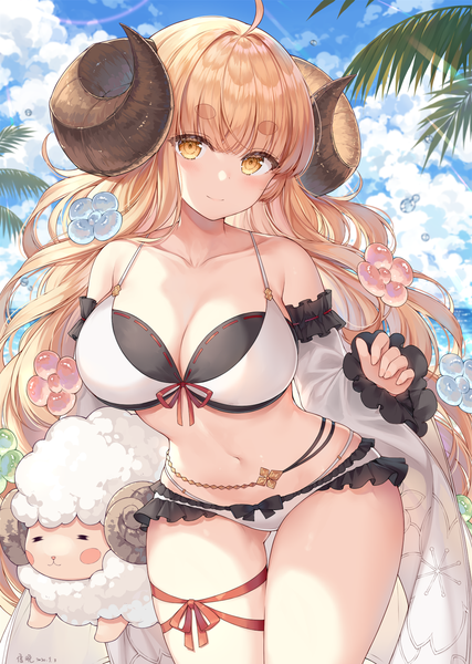 Anime picture 1172x1646 with granblue fantasy anila (granblue fantasy) ayuanlv single long hair tall image looking at viewer blush fringe breasts light erotic blonde hair smile large breasts standing signed yellow eyes sky cloud (clouds) ahoge