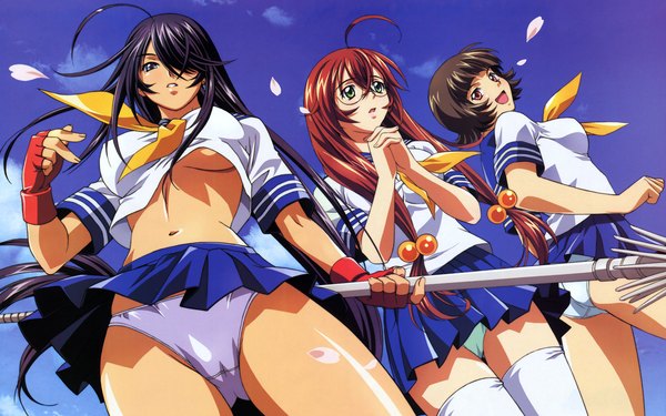 Anime picture 1920x1200 with ikkitousen megami magazine kanu unchou ryuubi gentoku chouhi ekitoku rin sin long hair fringe highres short hair breasts blue eyes light erotic black hair wide image multiple girls green eyes sky purple hair ahoge