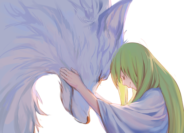 Anime-Bild 800x580 mit fate (series) fate/grand order fate/strange fake enkidu (fate) lobo (fate/grand order) dashi (minzoku gb) long hair fringe simple background white background upper body eyes closed profile green hair wide sleeves androgynous boy animal wolf