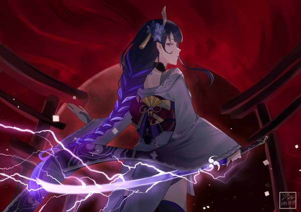 Anime picture 1500x1061 with genshin impact raiden shogun pappap single long hair looking at viewer standing purple eyes signed purple hair braid (braids) profile from behind single braid dated electricity girl hair ornament weapon sword