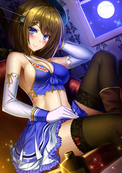 Anime picture 706x1000 with kantai collection maya heavy cruiser shibata rai single tall image looking at viewer blush fringe short hair breasts blue eyes light erotic smile brown hair large breasts sitting bent knee (knees) night sparkle alternate costume