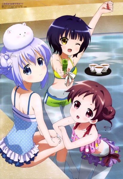 Anime picture 4078x5921 with gochuumon wa usagi desu ka? white fox kafuu chino tippy (gochiusa) jouga maya natsu megumi rio (animator) tall image highres short hair open mouth blue eyes light erotic black hair brown hair purple eyes multiple girls yellow eyes blue hair absurdres