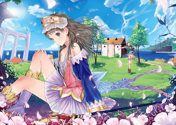 Anime picture 1200x853 with original ken-1 long hair brown hair bare shoulders multiple girls brown eyes sky grey hair girl skirt flower (flowers) 2 girls miniskirt petals staff house watercraft ship