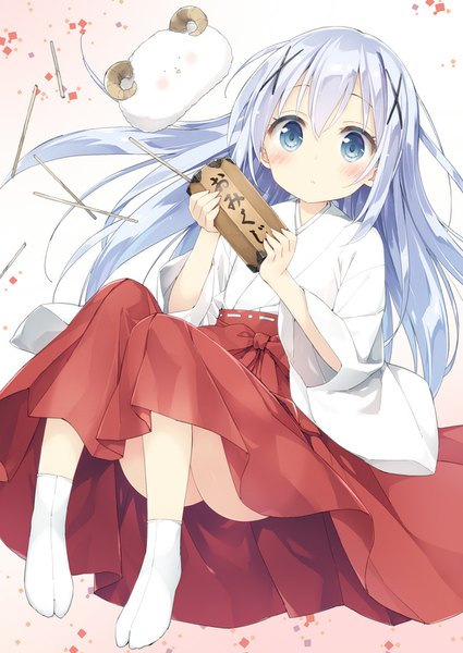 Anime picture 637x900 with gochuumon wa usagi desu ka? white fox kafuu chino tippy (gochiusa) kani biimu long hair tall image blush blue eyes light erotic white background purple hair bent knee (knees) traditional clothes girl animal socks white socks x hair ornament tabi