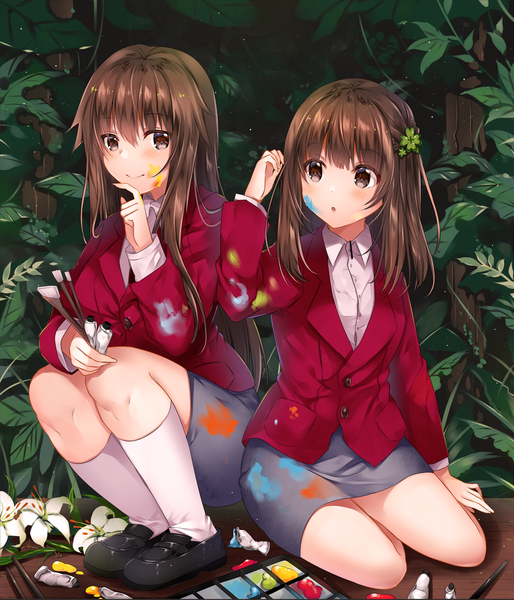 Anime picture 1285x1500 with original usagihime long hair tall image looking at viewer blush fringe smile hair between eyes brown hair multiple girls brown eyes looking away full body bent knee (knees) :o adjusting hair finger to mouth squat yokozuwari