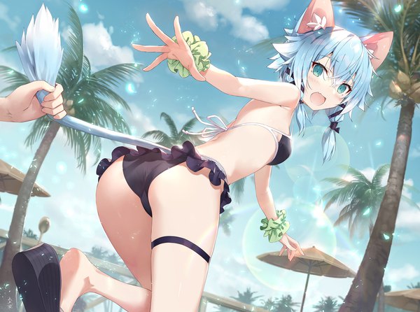 Anime picture 1346x1000 with sword art online a-1 pictures asada shino gabiran looking at viewer blush fringe short hair open mouth light erotic hair between eyes standing holding animal ears blue hair sky cloud (clouds) bent knee (knees) outdoors tail