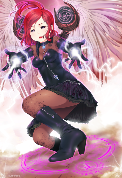 Anime picture 1773x2589 with aion eventh7 single tall image highres short hair open mouth red hair pink eyes magic angel wings girl gloves elbow gloves thigh boots sundress staff magic circle