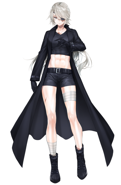 Anime picture 800x1219 with original lydia macarthur waka (shark waka) single long hair tall image looking at viewer fringe simple background hair between eyes standing white background silver hair full body long sleeves open clothes bare belly grey eyes scar muscle