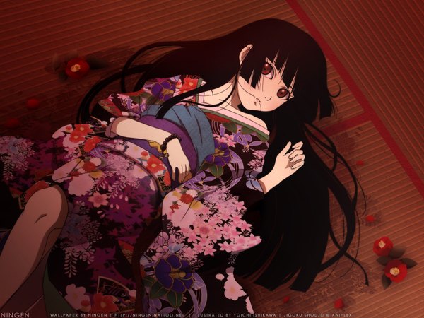Anime picture 1600x1200 with hell girl studio deen enma ai ningen (nattoli) single long hair looking at viewer fringe black hair red eyes lying blunt bangs traditional clothes japanese clothes from above on back floral print girl flower (flowers) bracelet