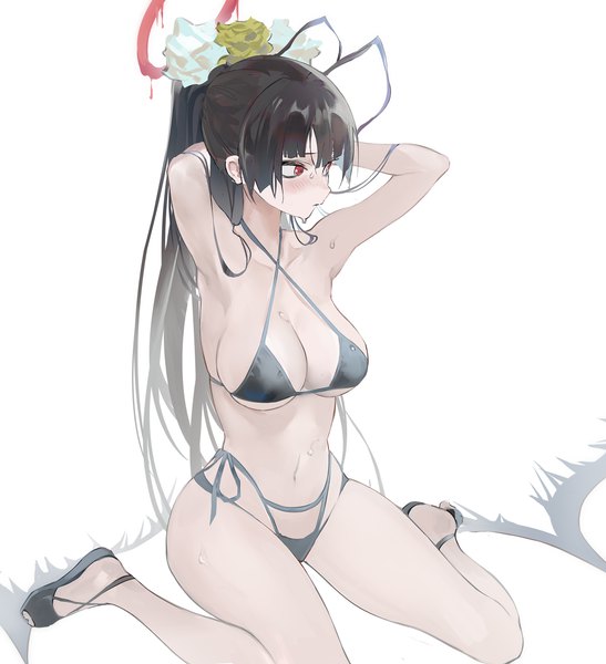 Anime picture 3641x3997 with blue archive tsurugi (blue archive) tsurugi (swimsuit) (blue archive) koio single long hair tall image highres breasts light erotic black hair simple background red eyes large breasts white background sitting looking away absurdres ponytail hair flower