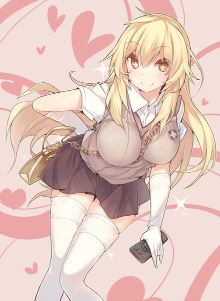 Anime picture 795x1083 with to aru kagaku no railgun j.c. staff shokuhou misaki yuran (cozyquilt) single long hair tall image looking at viewer blush breasts blonde hair smile large breasts orange eyes zettai ryouiki + + girl thighhighs skirt gloves