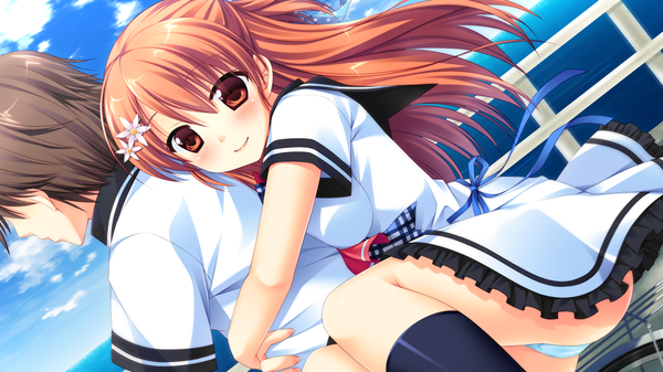 Anime picture 1280x720 with natsu koi high pressure shinonome misaki ayamisiro long hair looking at viewer blush light erotic smile brown hair wide image sitting brown eyes game cg sky cloud (clouds) ass hair flower hug cameltoe hug from behind