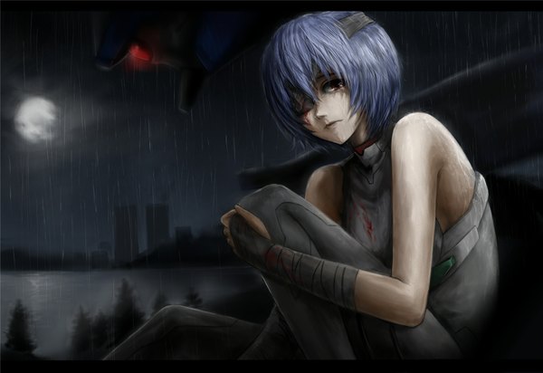 Anime picture 1980x1361 with neon genesis evangelion rebuild of evangelion evangelion: 2.0 you can (not) advance evangelion: 3.0 you can (not) redo end of evangelion gainax ayanami rei eva 00 looking at viewer fringe highres short hair red eyes sitting bare shoulders blue hair night night sky city rain