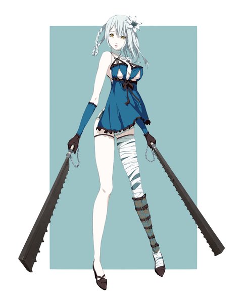 Anime picture 1024x1250 with nier kaine (nier) sousou (sousouworks) single tall image breasts light erotic simple background standing bare shoulders holding yellow eyes full body white hair braid (braids) hair flower dual wielding girl gloves hair ornament