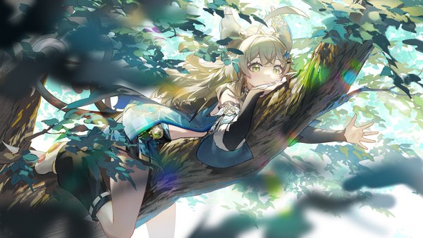 Anime picture 4800x2700 with genshin impact kirara (genshin impact) rafaelaaa single long hair highres blonde hair wide image yellow eyes looking away absurdres ahoge tail lying animal tail cat tail outstretched arm on stomach girl plant (plants)