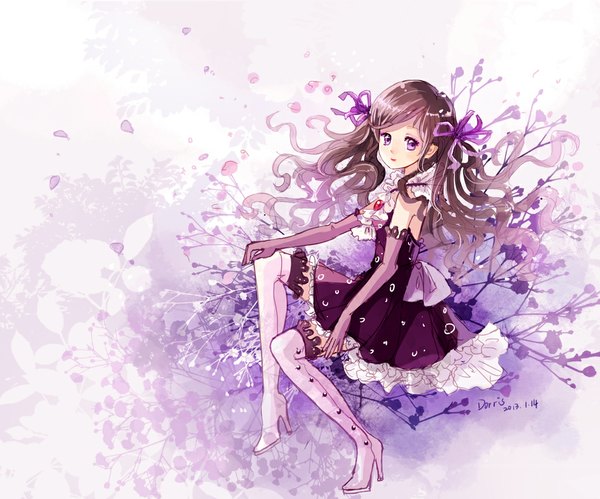 Anime picture 1040x866 with original dorris single long hair looking at viewer brown hair purple eyes signed girl dress ribbon (ribbons) hair ribbon detached sleeves petals thigh boots