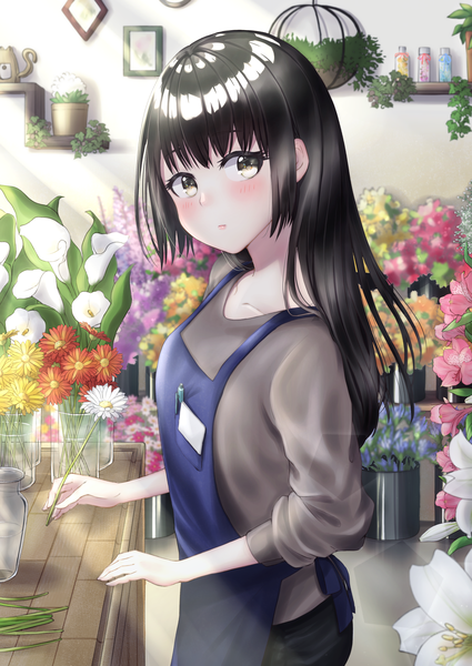 Anime picture 2508x3541 with original tobi (pixiv41237754) single long hair tall image looking at viewer blush fringe highres black hair hair between eyes standing holding payot indoors long sleeves head tilt profile lips blurry