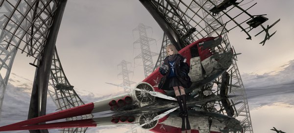 Anime picture 2283x1032 with original jname single looking at viewer fringe highres short hair brown hair wide image standing holding brown eyes sky cloud (clouds) full body outdoors pleated skirt open jacket dutch angle reflection