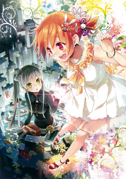 Anime picture 2338x3300 with original eshi 100-nin ten eretto tall image blush highres short hair open mouth red eyes twintails multiple girls green eyes very long hair grey hair scan orange hair official art girl hair ornament flower (flowers)