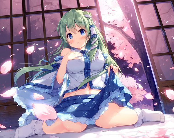 Anime picture 923x734 with touhou kochiya sanae miyase mahiro single long hair looking at viewer blush fringe breasts blue eyes smile hair between eyes large breasts sitting bare shoulders parted lips fingernails green hair from below no shoes