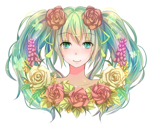 Anime picture 2480x2100 with vocaloid hatsune miku gevjon single long hair looking at viewer highres simple background smile white background twintails upper body hair flower aqua eyes aqua hair girl hair ornament ribbon (ribbons) hair ribbon