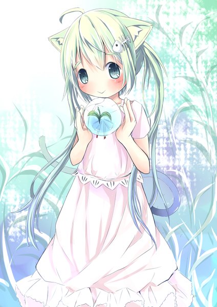 Anime picture 2893x4092 with original sakuraba hikaru (loveindog) single long hair tall image blush highres smile twintails holding green eyes animal ears ahoge green hair cat ears cat tail loli girl hair ornament plant (plants)