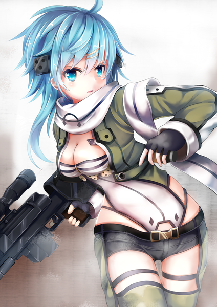 Anime picture 1000x1414 with sword art online a-1 pictures asada shino umagenzin single tall image looking at viewer blush short hair breasts blue eyes light erotic blue hair cleavage girl gloves hair ornament weapon jacket shorts
