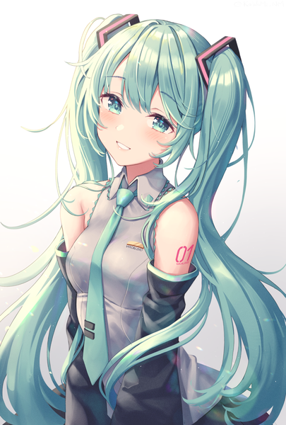 Anime picture 879x1300 with vocaloid hatsune miku kawami nami single long hair tall image looking at viewer blush fringe breasts simple background smile hair between eyes twintails bare shoulders payot upper body head tilt aqua eyes aqua hair