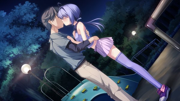 Anime picture 1920x1080 with berry's long hair highres short hair black hair wide image game cg eyes closed grey hair night couple hug kiss girl thighhighs boy skirt