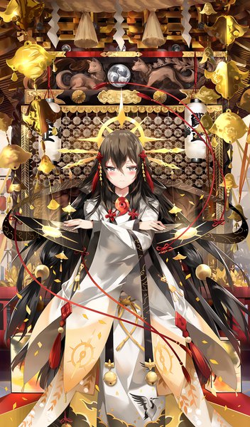 Anime picture 1000x1704 with iron saga neko (yanshoujie) single tall image looking at viewer blush fringe black hair hair between eyes very long hair traditional clothes japanese clothes grey eyes miko girl hair ornament bell fan