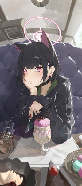 Anime picture 1500x3374 with blue archive kazusa (blue archive) kji (rozo) single tall image looking at viewer blush fringe short hair black hair sitting purple eyes holding animal ears upper body indoors blunt bangs long sleeves multicolored hair blurry