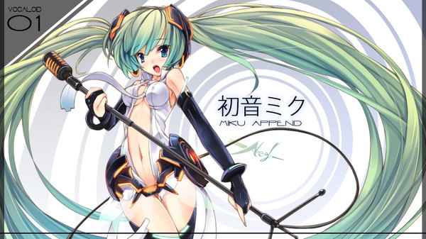 Anime picture 1600x900 with vocaloid vocaloid append hatsune miku hatsune miku (append) torisan single blush fringe breasts open mouth blue eyes light erotic wide image twintails holding very long hair nail polish fingernails green hair girl
